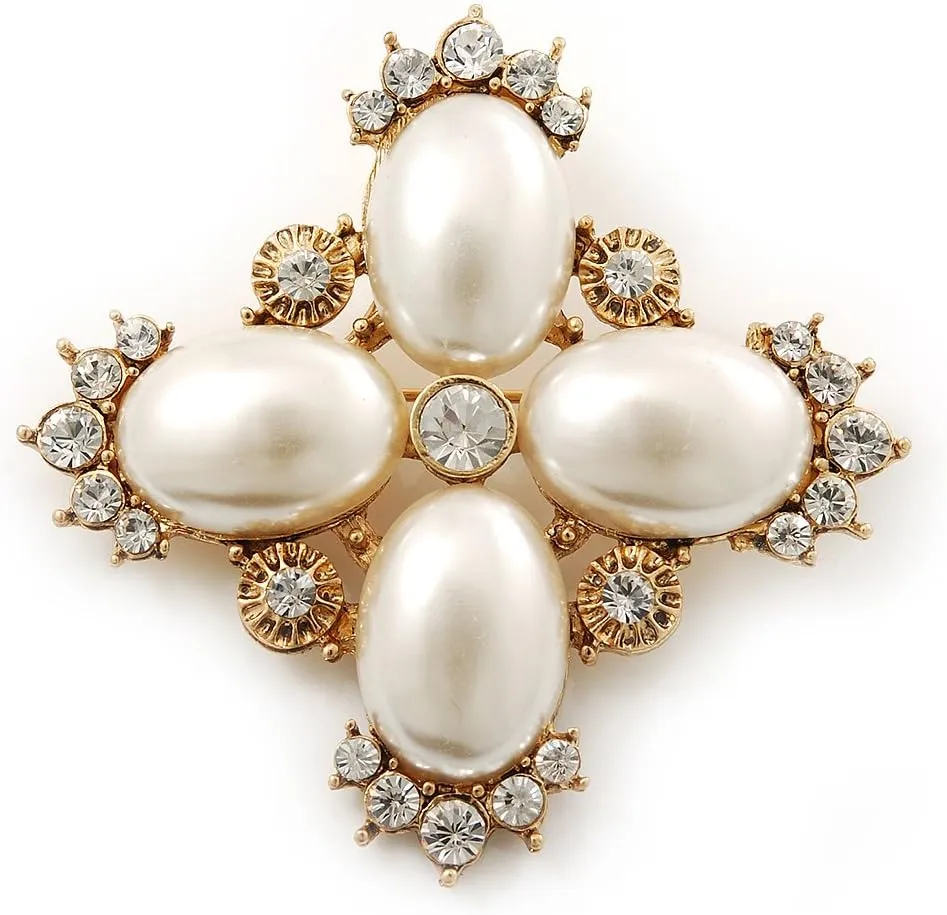 Vintage Inspired Small Simulated Pearl, Diamante 'Cross' Brooch In Gold Plating - 55mm Across