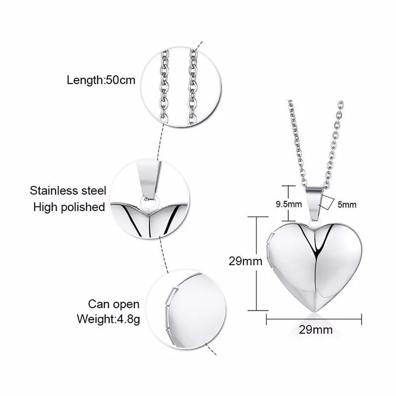 Vnox Light Heart Locket Pendants for Women Men Openable Photo Frame Glossy Stainless Steel Necklaces Family Love Collar