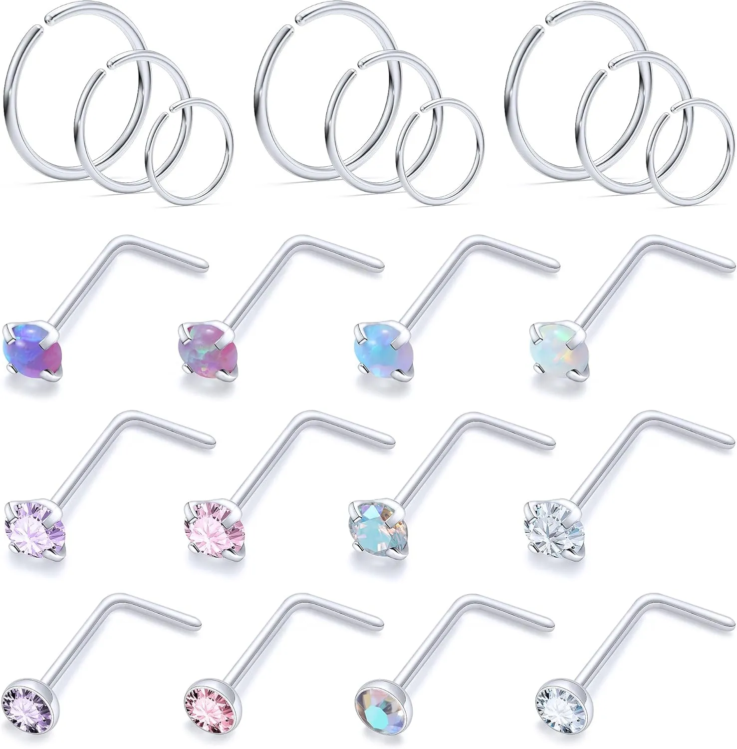 Vsnnsns 18G 20G 22G Nose Rings Studs Piercing Jewelry for Women 316L Surgical Stainless Steel L Shaped Corkscrew Straight Opal CZ Nose Rings Hoops Nostril Piercing Jewelry for Women Men Silver Gold