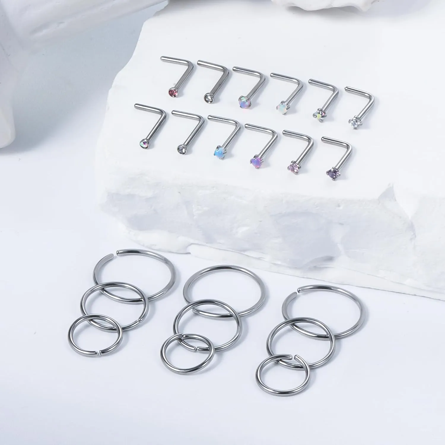 Vsnnsns 18G 20G 22G Nose Rings Studs Piercing Jewelry for Women 316L Surgical Stainless Steel L Shaped Corkscrew Straight Opal CZ Nose Rings Hoops Nostril Piercing Jewelry for Women Men Silver Gold