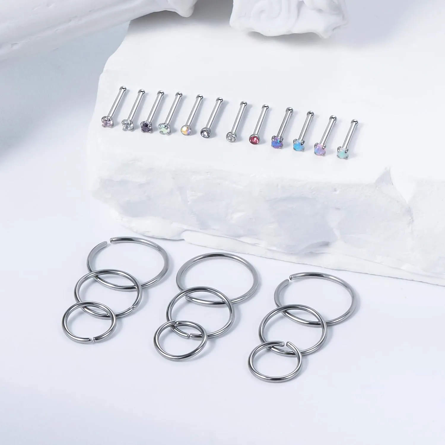 Vsnnsns 18G 20G 22G Nose Rings Studs Piercing Jewelry for Women 316L Surgical Stainless Steel L Shaped Corkscrew Straight Opal CZ Nose Rings Hoops Nostril Piercing Jewelry for Women Men Silver Gold