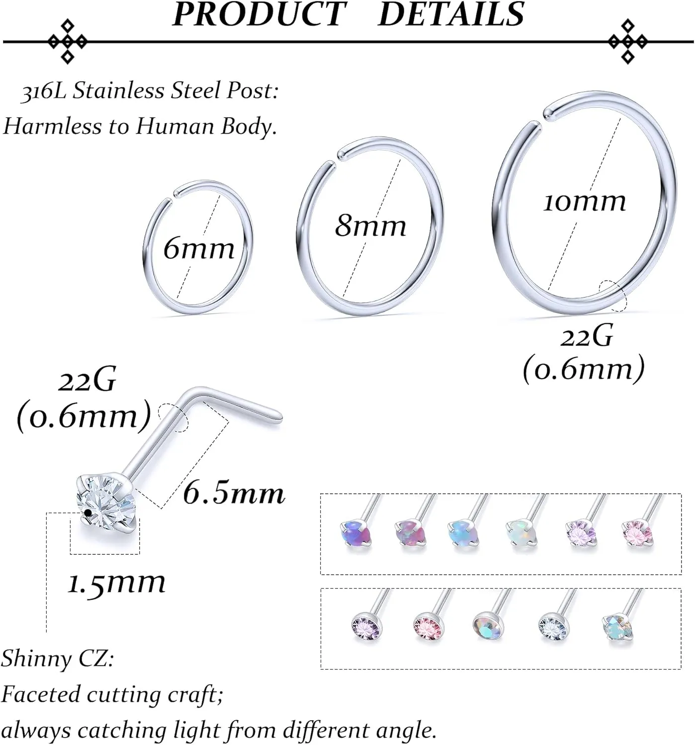 Vsnnsns 18G 20G 22G Nose Rings Studs Piercing Jewelry for Women 316L Surgical Stainless Steel L Shaped Corkscrew Straight Opal CZ Nose Rings Hoops Nostril Piercing Jewelry for Women Men Silver Gold