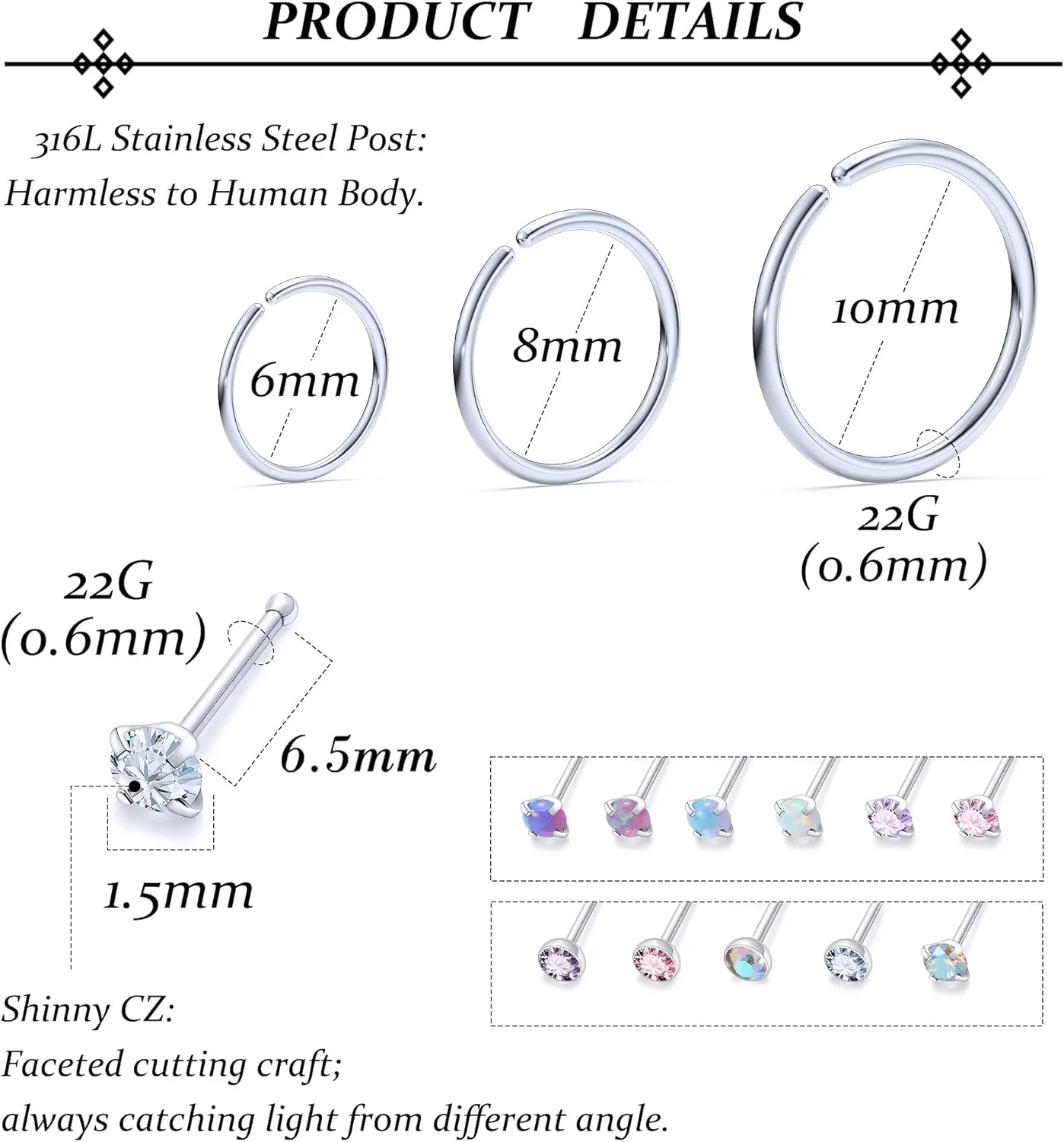 Vsnnsns 18G 20G 22G Nose Rings Studs Piercing Jewelry for Women 316L Surgical Stainless Steel L Shaped Corkscrew Straight Opal CZ Nose Rings Hoops Nostril Piercing Jewelry for Women Men Silver Gold