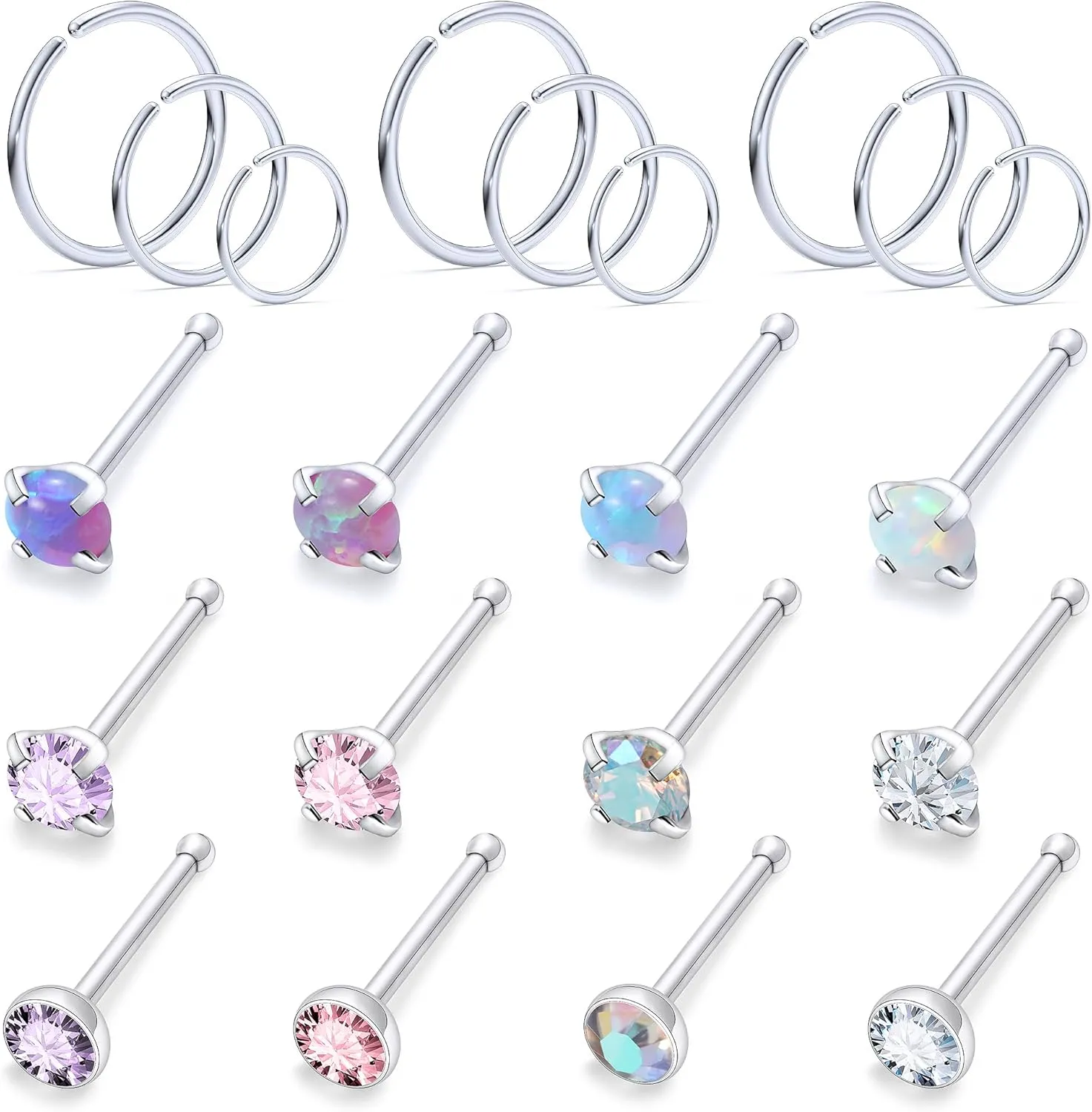 Vsnnsns 18G 20G 22G Nose Rings Studs Piercing Jewelry for Women 316L Surgical Stainless Steel L Shaped Corkscrew Straight Opal CZ Nose Rings Hoops Nostril Piercing Jewelry for Women Men Silver Gold