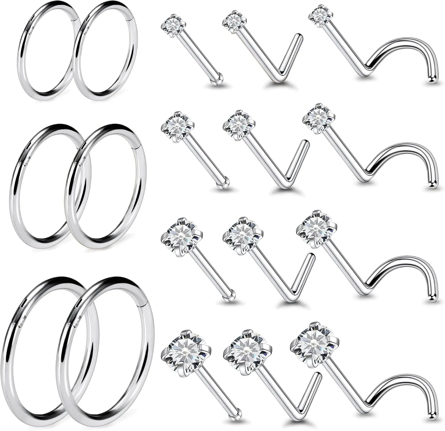 Vsnnsns 20G Nose Rings Studs Piercing Jewelry for Women 316L Surgical Stainless Steel L Shaped Corkscrew Straight Diamond CZ Hoop Nose Rings Studs Nostril Piercing Jewelry Hypoallergenic 20 Gauge