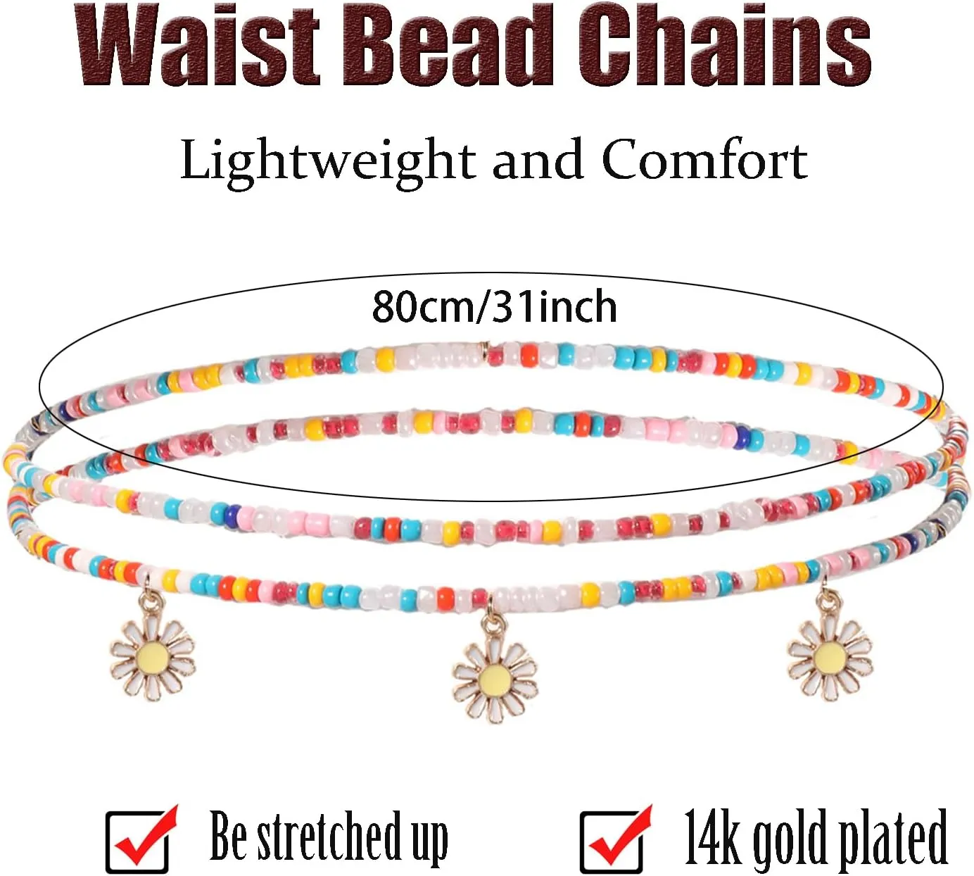 Waist Bead Chains for Women Handmade Colorful Beads Belly Body Chain Elastic African Belly Beads Waist with Star Butterfly Daisy Evil Eyes Beach Jewelry