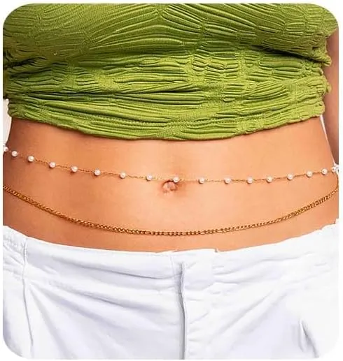 Waist Chain for Women 14K Gold Plated Pearl Belly Chain Boho Layered Beach Adjustable Sexy Bikini Figaro Chain