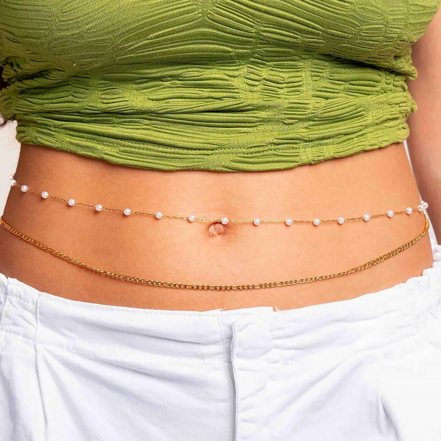 Waist Chain for Women 14K Gold Plated Pearl Belly Chain Boho Layered Beach Adjustable Sexy Bikini Figaro Chain