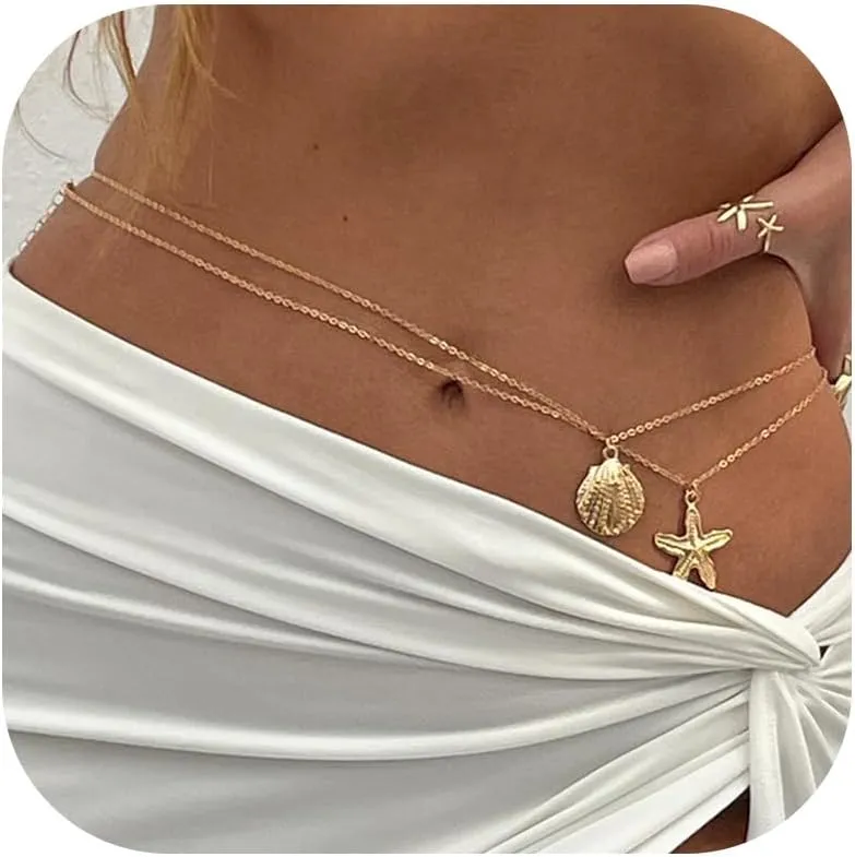 Waist Chain for Women Body Chain Gold Shell Waist Chains Belt Starfish Jewelry Crystal Body Chains for Women Jewelry for Summer Beach Outfits