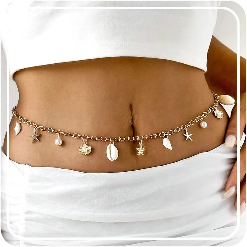 Waist Chains for Women Gold Pearl Chains Shell Starfish Boho Conch Mermaid Belly Chain Summer Beach Adjustable Accessories Body Chain Jewelry