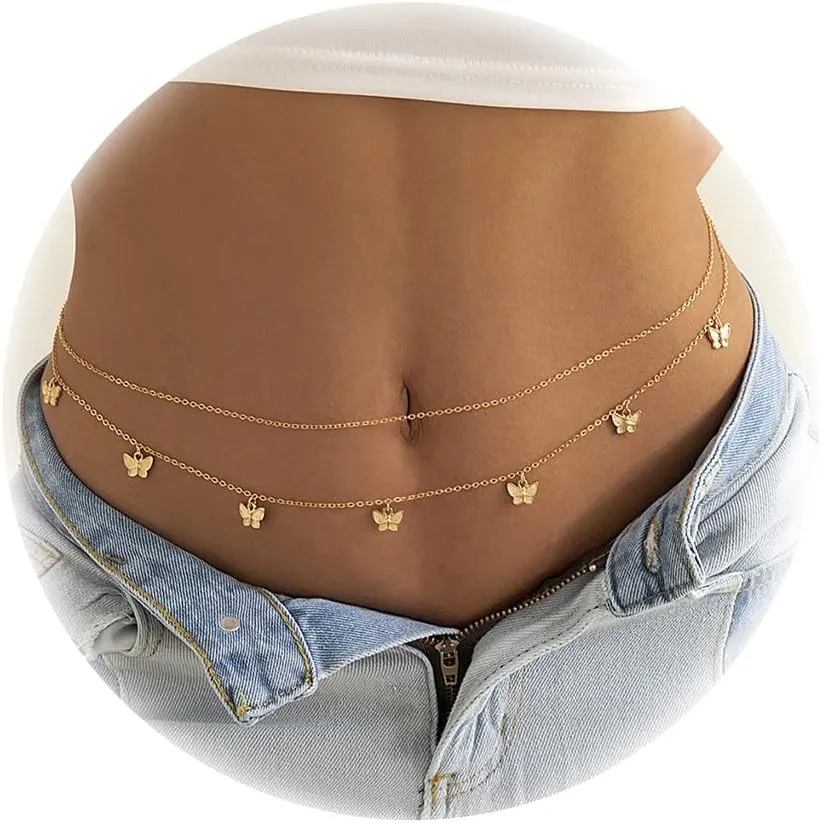 Waist Chains for Women Layered Beaded Sexy Belly Bikini Body Chains Summer Beach Stomach Jewelry Chain (C-Butterfly 2PCS,Gold)