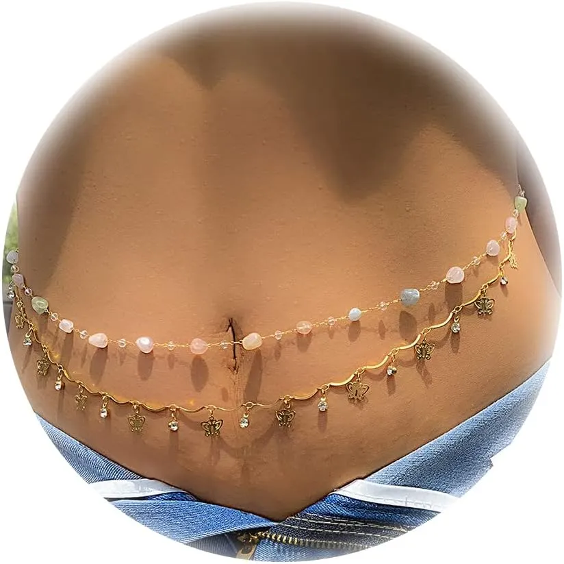 Waist Chains for Women Layered Beaded Sexy Belly Bikini Body Chains Summer Beach Stomach Jewelry Chain (C-Colorful Butterfly,Gold)