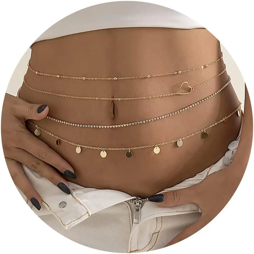 Waist Chains for Women Layered Beaded Sexy Belly Bikini Body Chains Summer Beach Stomach Jewelry Chain (D-4PCS Heart,Gold)