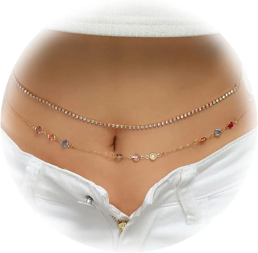 Waist Chains for Women Layered Beaded Sexy Belly Bikini Body Chains Summer Beach Stomach Jewelry Chain (D-Rhinestone,Colorful)