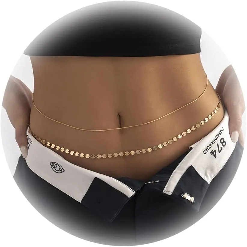 Waist Chains for Women Layered Beaded Sexy Belly Bikini Body Chains Summer Beach Stomach Jewelry Chain (E-Snake Chain,rounds,Gold)