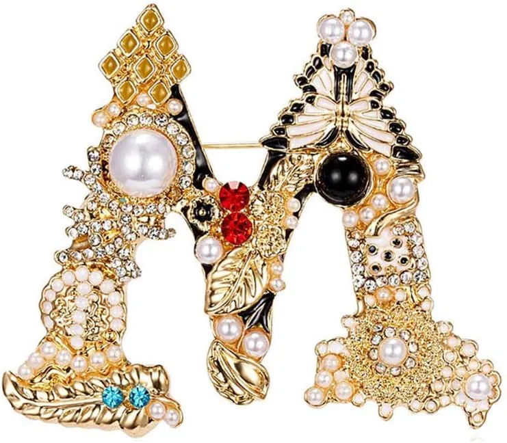 Walbest Brooch Pins for Women, Rhinestone Faux Pearl Letter A D G S M Brooch Pin Cardigan Jewelry Gift (M)