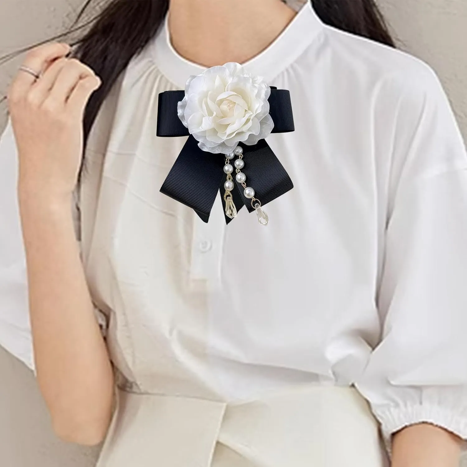 White Camellia Flower Brooch Pins Pearl Brooch for Women,Floral Brooch Shawl Clips Pins for Clothes,Flower Hair Clips,Crystal Silk Flower Bow Tie Brooch