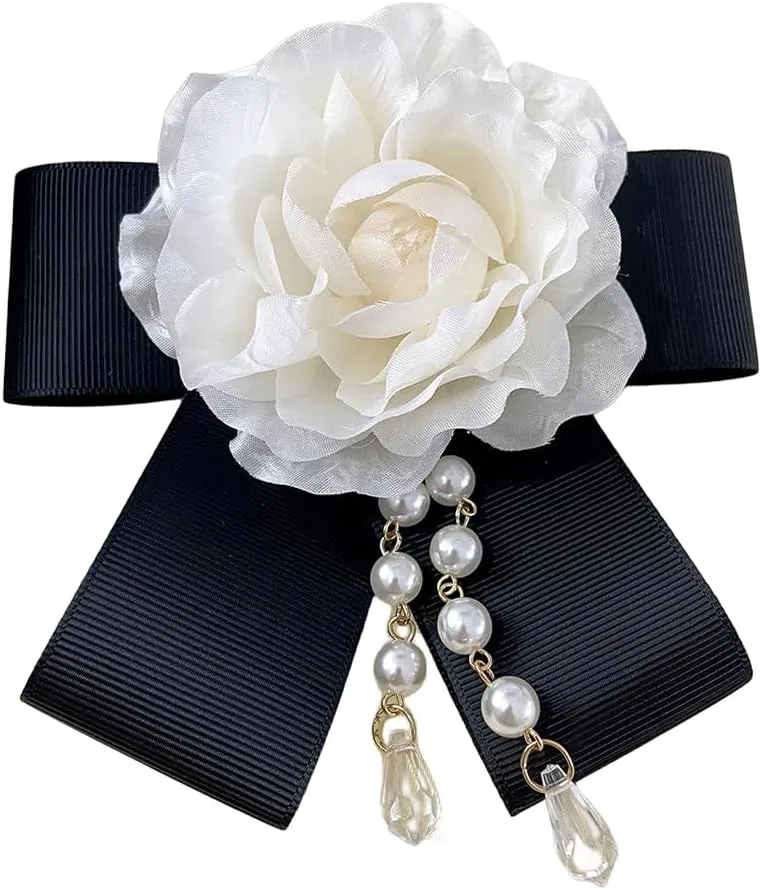 White Camellia Flower Brooch Pins Pearl Brooch for Women,Floral Brooch Shawl Clips Pins for Clothes,Flower Hair Clips,Crystal Silk Flower Bow Tie Brooch