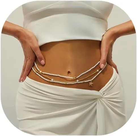 White Pearl Beads Waist Chains Jewelry Sexy Summer Beach Gold Starfish Shell Elastic Beaded Belly Body Chain Beads Waist Jewelry for Women