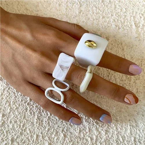 White Resin Elegance: Irregular Open-End Ring Set