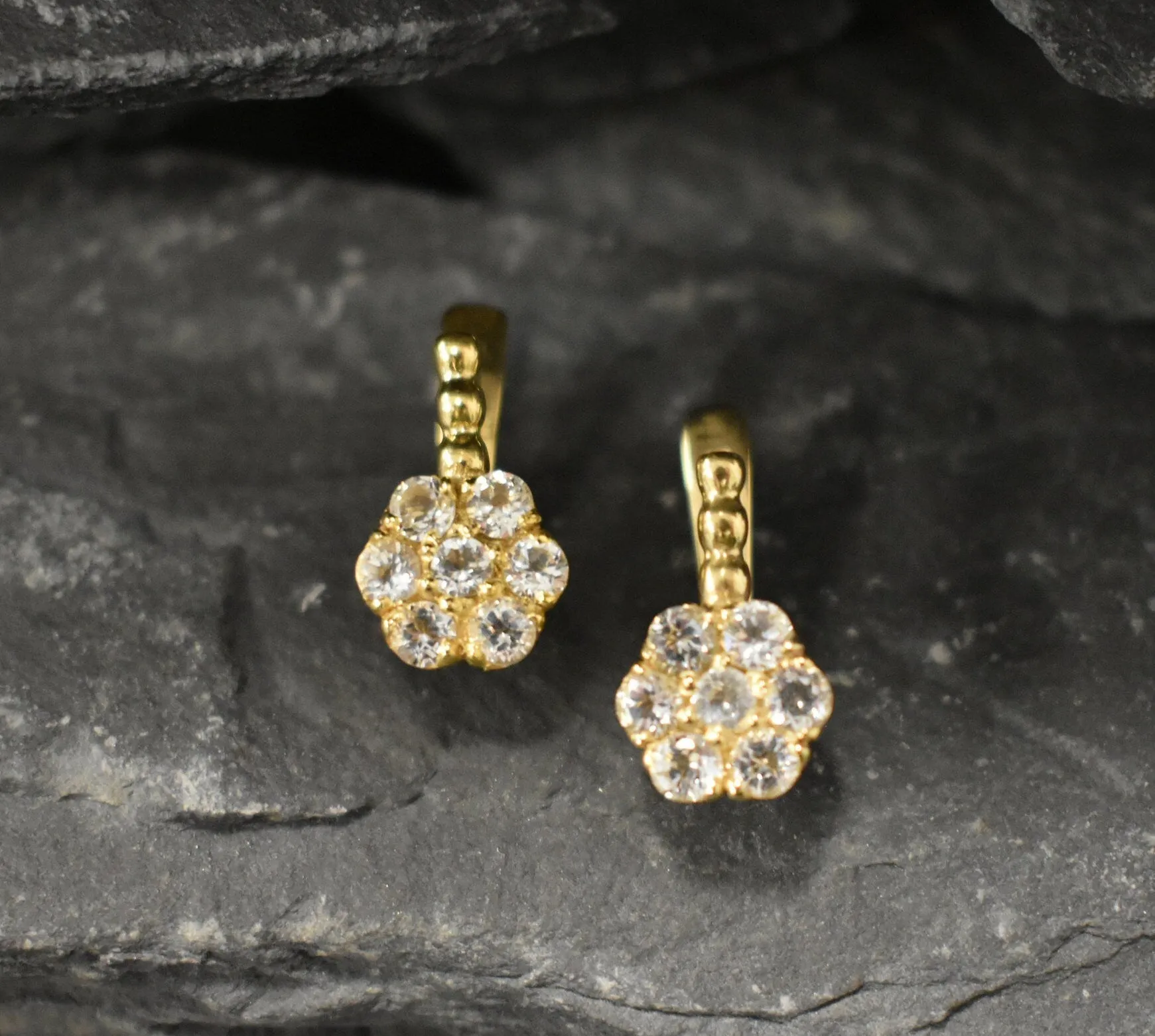 White Topaz Earrings - Gold Flower Earrings, December Birthstone Earrings