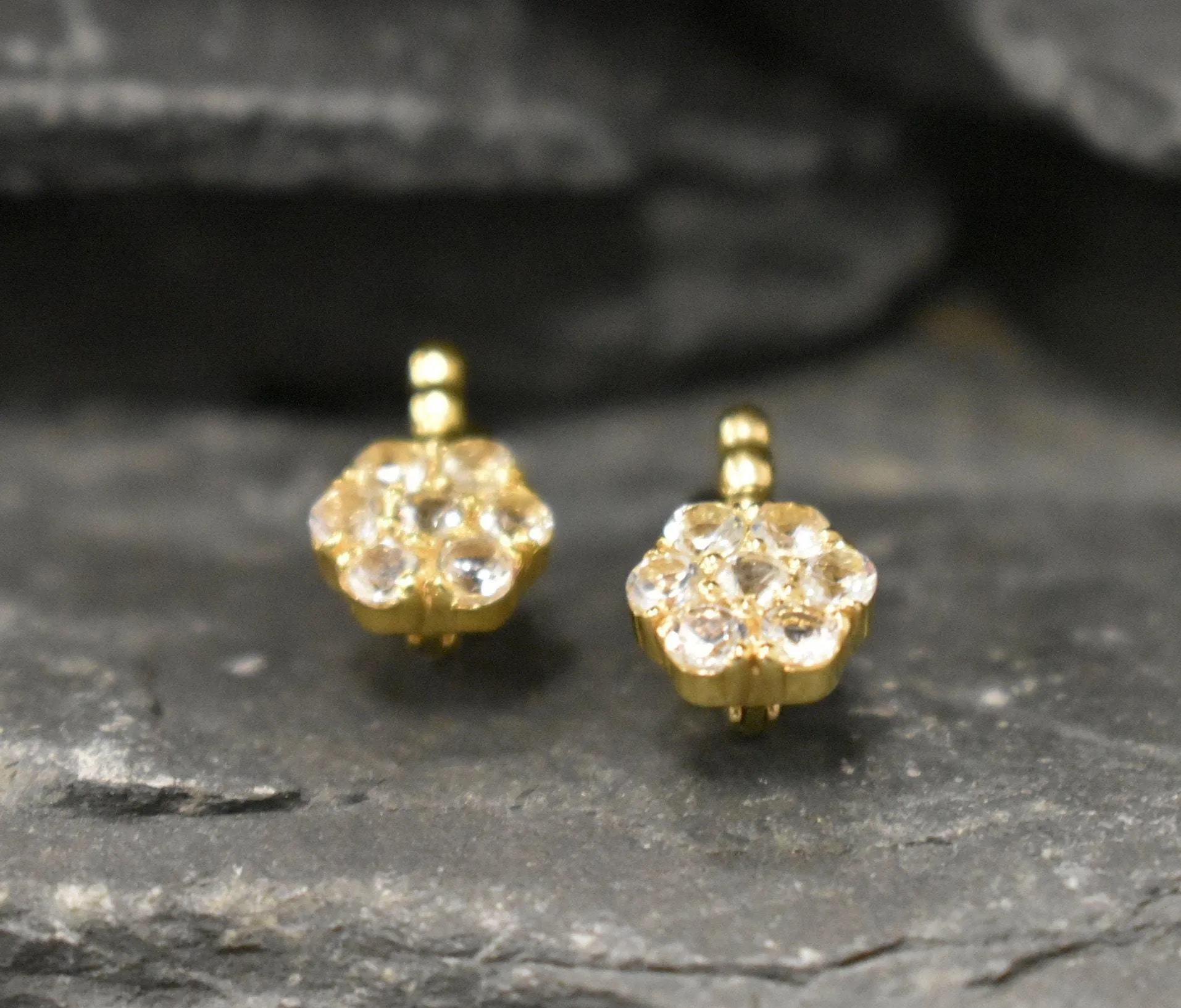 White Topaz Earrings - Gold Flower Earrings, December Birthstone Earrings