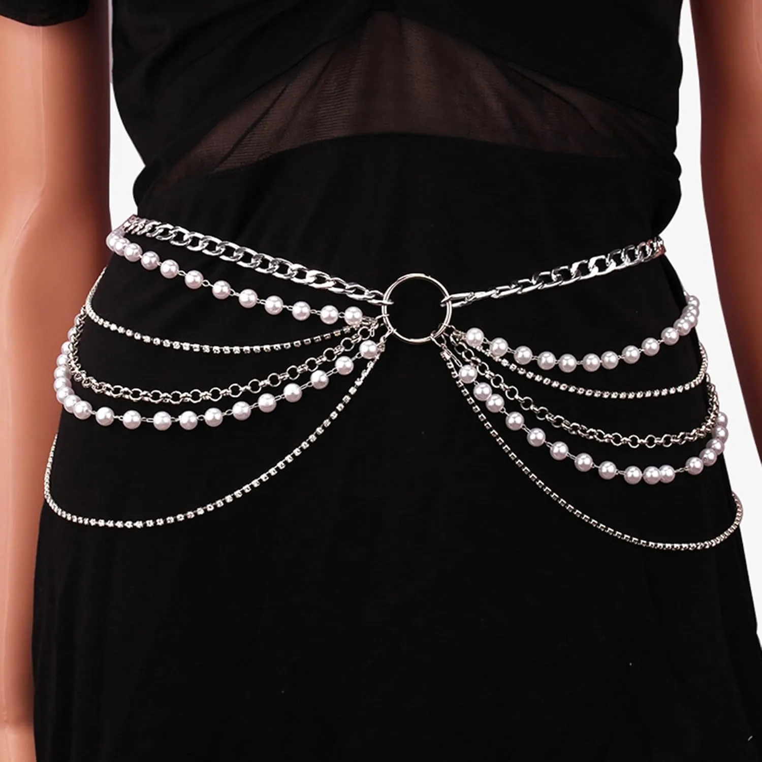 Women Pearl Rhinestone Body Chains Sexy Belly Waist O Ring Layered Link Belly Belt Chain Party Body Jewelry Accessories