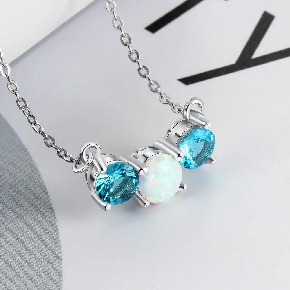 Women’s 925 Sterling Silver Party Jewelry Necklace with Three Circles Opal Stone & Blue CZ Pendant