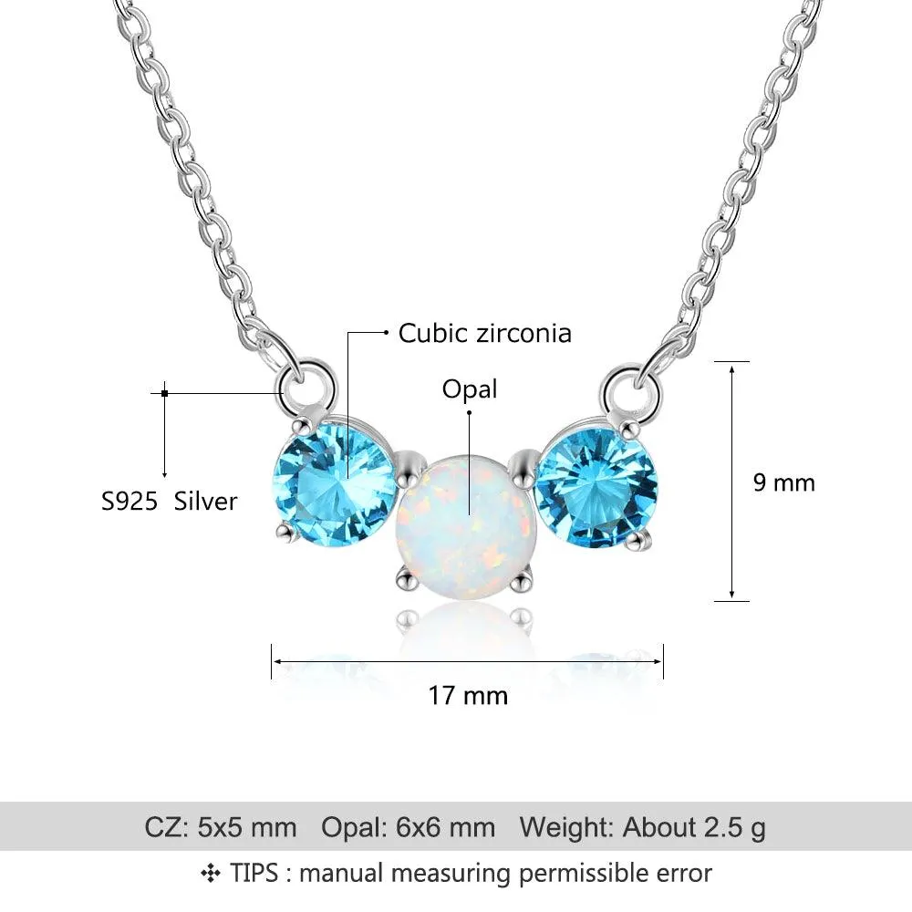 Women’s 925 Sterling Silver Party Jewelry Necklace with Three Circles Opal Stone & Blue CZ Pendant