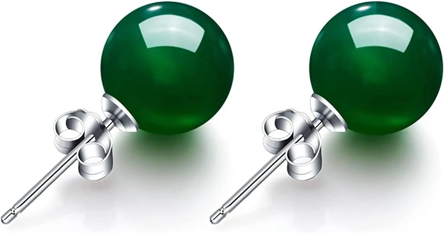 Womens Natural Agate Drop Earrings in Vintage Style,Emerald Sterling Silver 925 Jewelry Stud Earrings for Women Ball Simple Crown Jade Earrings Fine Valentine Jewelry 925 for Women