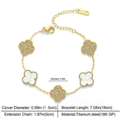 WSupikio Trend Chain Bracelets for Women Girls,18K Gold Zircon Lucky Adjustable Clover Link Bracelets Valentine's Day Christmas Gift Jewelry (White, Stainless Steel)
