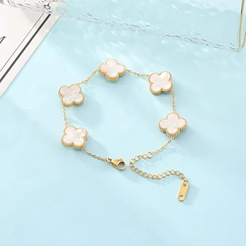 WSupikio Trend Chain Bracelets for Women Girls,18K Gold Zircon Lucky Adjustable Clover Link Bracelets Valentine's Day Christmas Gift Jewelry (White, Stainless Steel)