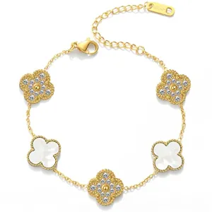 WSupikio Trend Chain Bracelets for Women Girls,18K Gold Zircon Lucky Adjustable Clover Link Bracelets Valentine's Day Christmas Gift Jewelry (White, Stainless Steel)