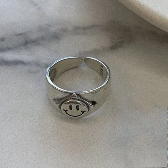 XIYANIKE Trendy 925 Sterling Silver Smiling Face Width Ring for Women Vintage Weaving Party Accessories Hiphop Rock Jewelry Gift