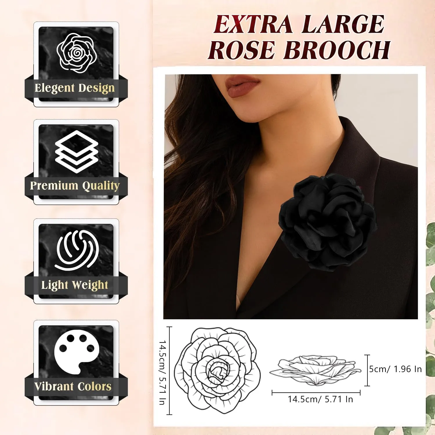 Yadiana 5.7In Extra Large Rose Flower Brooch Pins, Dainty Satin Fabric Rose Brooches Elegant Big Flower Lapel Pins for Women Wedding Party Dance Banquet Dress Suit Clothes Accessories Jewelry Gifts