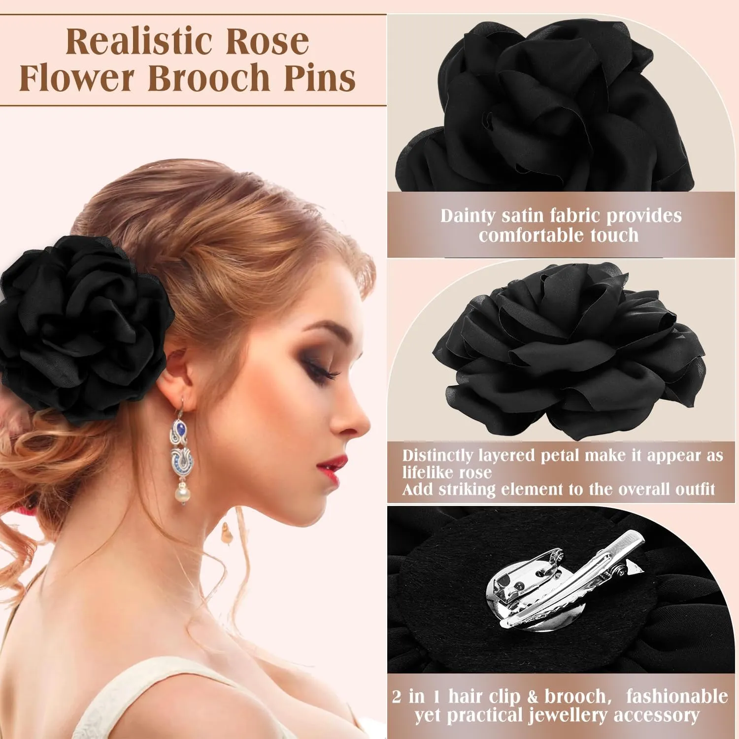Yadiana 5.7In Extra Large Rose Flower Brooch Pins, Dainty Satin Fabric Rose Brooches Elegant Big Flower Lapel Pins for Women Wedding Party Dance Banquet Dress Suit Clothes Accessories Jewelry Gifts