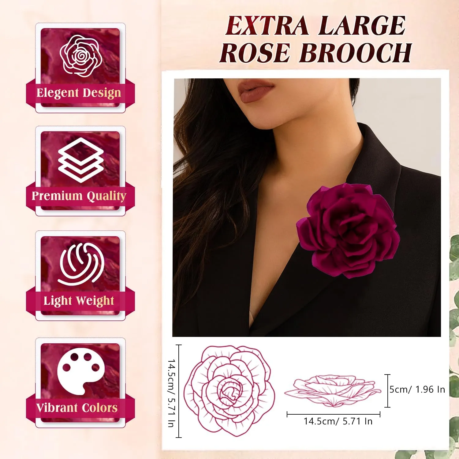 Yadiana 5.7In Extra Large Rose Flower Brooch Pins, Dainty Satin Fabric Rose Brooches Elegant Big Flower Lapel Pins for Women Wedding Party Dance Banquet Dress Suit Clothes Accessories Jewelry Gifts