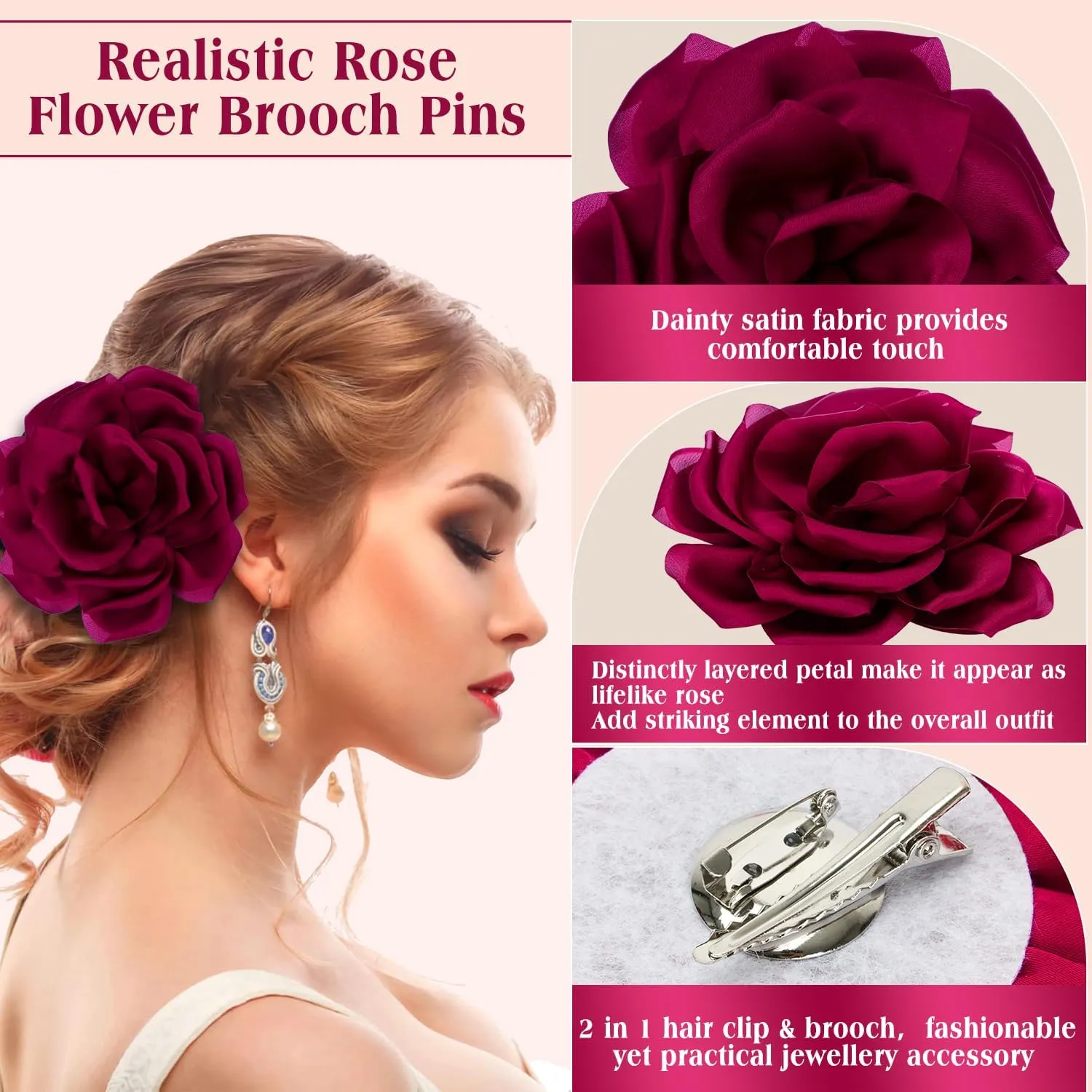 Yadiana 5.7In Extra Large Rose Flower Brooch Pins, Dainty Satin Fabric Rose Brooches Elegant Big Flower Lapel Pins for Women Wedding Party Dance Banquet Dress Suit Clothes Accessories Jewelry Gifts