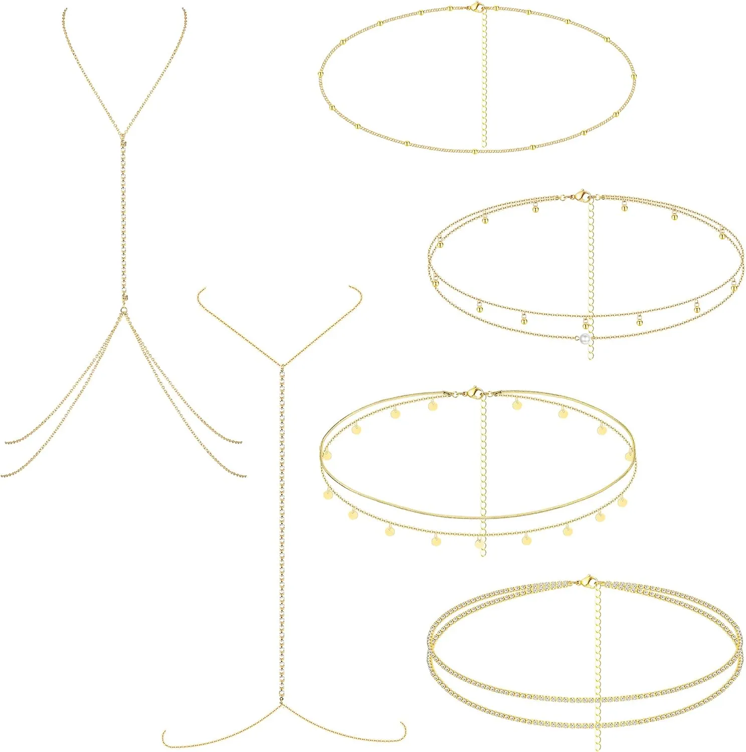 YADOCA 6Pcs Body Chain Belly Chain Jewelry For Women Layered Waist Chain Boho Rhinestone Pearl Beads Body Chain Jewelry for Summer Beach Bikini Rave Adjustable Gold Silver Tone