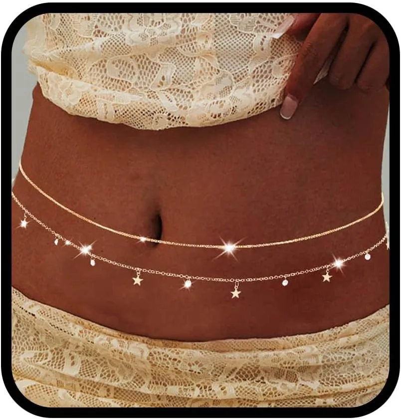 Yalice Gold Layered Waist Chains for Women Star Cross Belly Chain Dainty Rhinestone Body Chain Waist Jewelry for Summer Beach