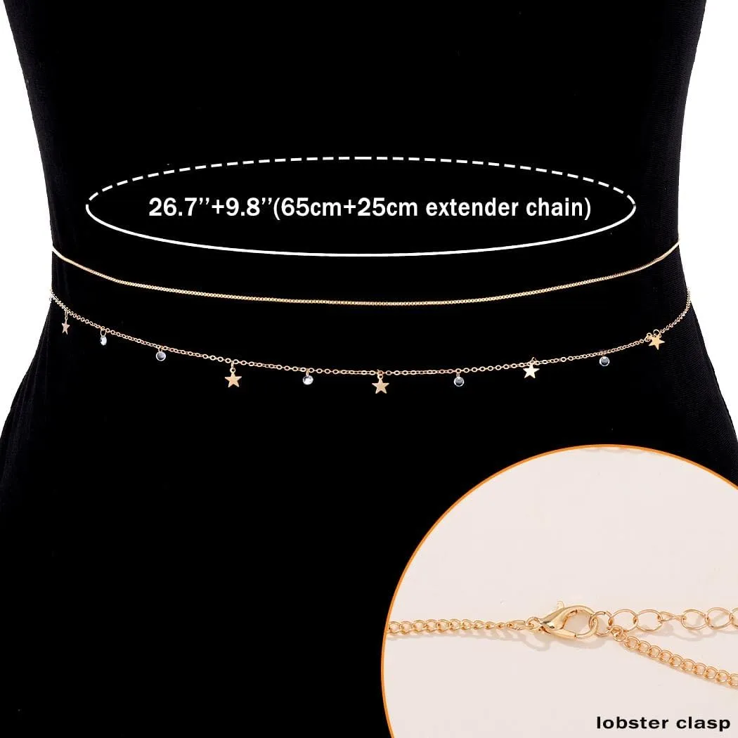 Yalice Gold Layered Waist Chains for Women Star Cross Belly Chain Dainty Rhinestone Body Chain Waist Jewelry for Summer Beach