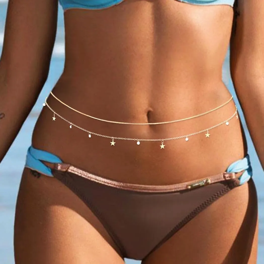 Yalice Gold Layered Waist Chains for Women Star Cross Belly Chain Dainty Rhinestone Body Chain Waist Jewelry for Summer Beach