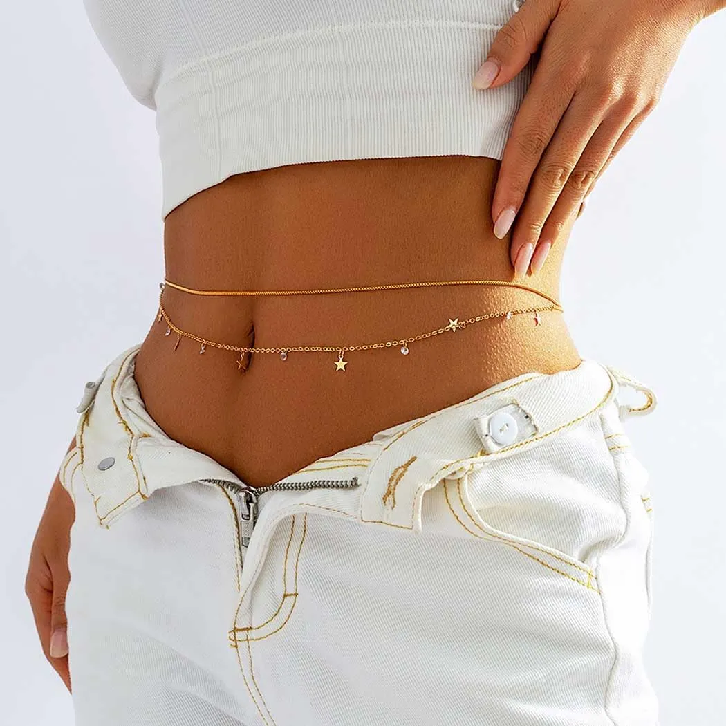 Yalice Gold Layered Waist Chains for Women Star Cross Belly Chain Dainty Rhinestone Body Chain Waist Jewelry for Summer Beach