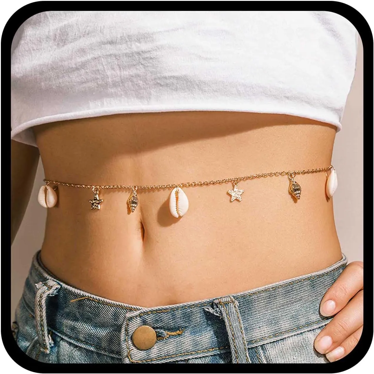 YienDoo Sexy Seashell Waist Chain Boho Star Shell Conch Pendant Body Chain Bikini Chain Belly Chain Belt Chain Stomach Chain Fashion Gold Body Jewelry Chain Gifts for Women