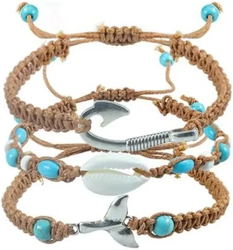 Zian 3Pcs Ocean Surf Rope Shell Beach Woven Bracelet Set Blue Turquoise Bead Summer Bohemian Jewelry